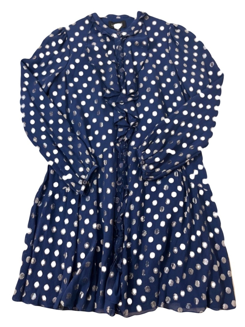 Saloni Navy Polka Dot Ruffle Dress Long Sleeve Fit & Flare Romantic Coquette